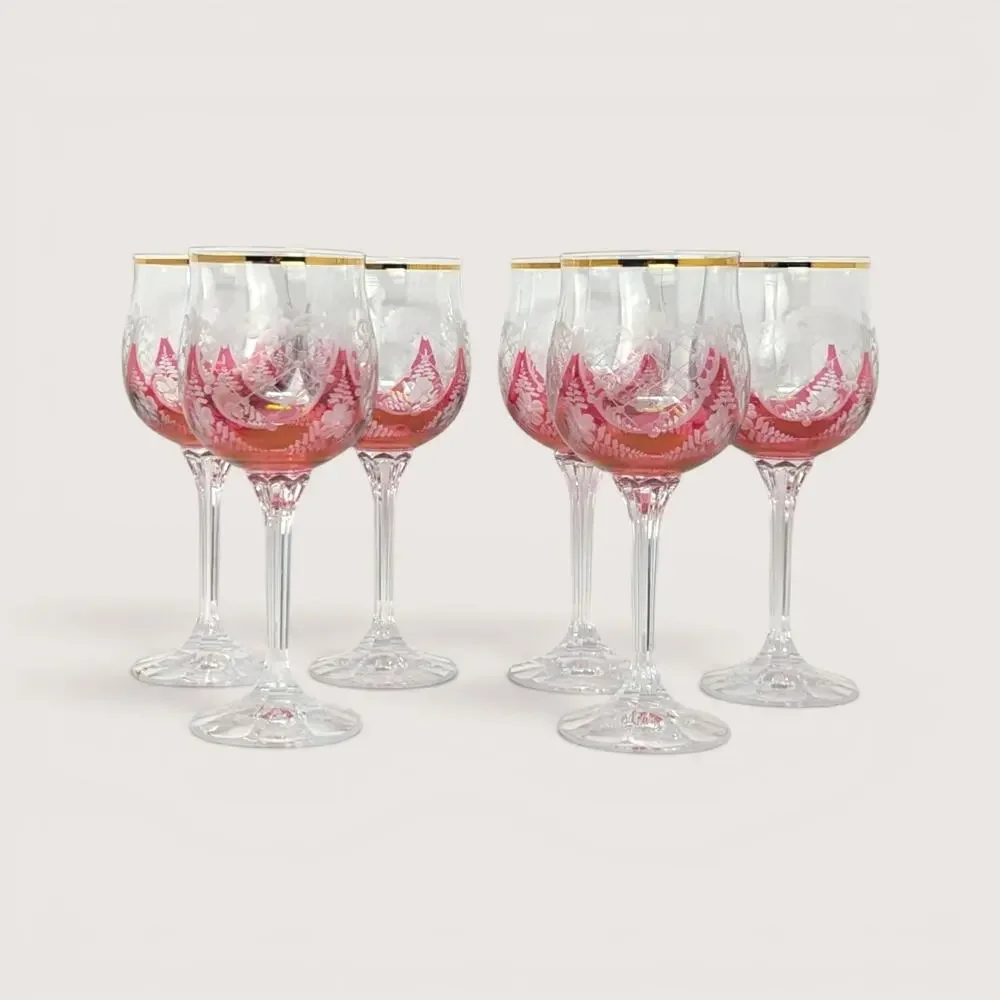 1960s Bohemian Cranberry Glass Wine Goblet Set with Gold Rim
